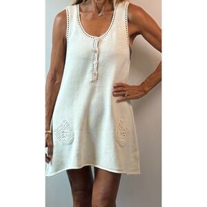 Free People Cream Knit Henley Sleeveless Dress Crochet Heart Pockets Medium